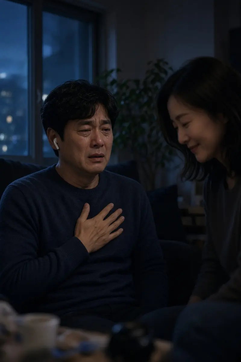 아내가 준비한 노래를 듣고 가슴에 손을 얹은 남편