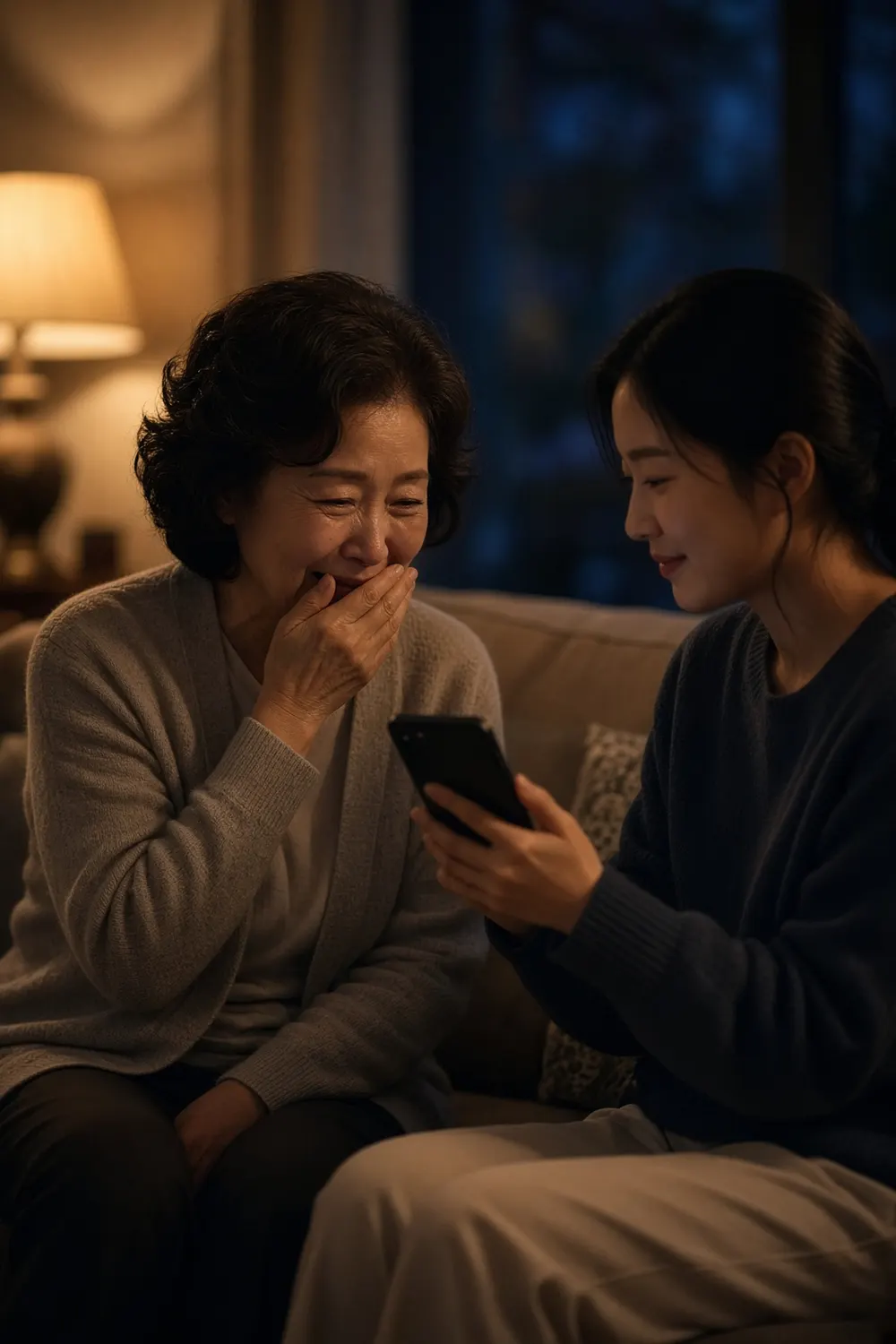 딸이 틀어준 노래를 듣고 입을 가린 채 웃으며 눈물짓는 어머니