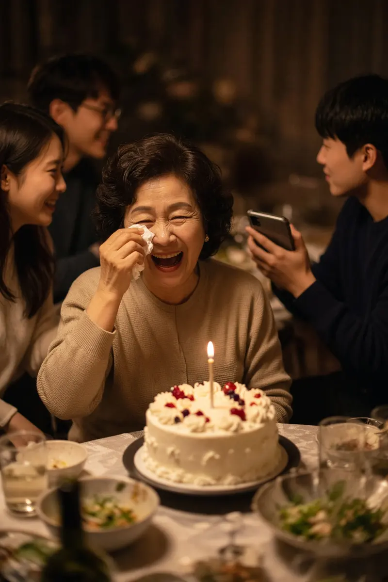 생일 케이크 앞에서 웃으며 눈물을 닦는 어머니와 가족